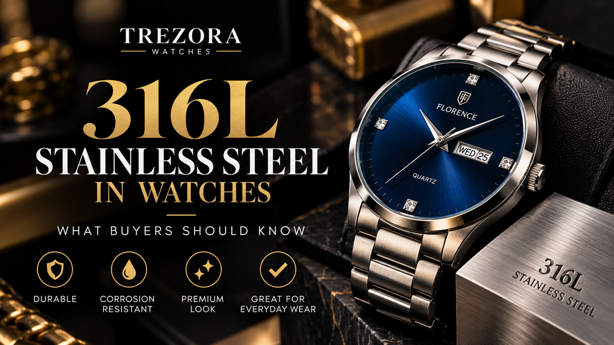 Trezora Watches guide to 316L stainless steel in men's watches, featuring a stainless-steel bracelet watch against a black and gold background