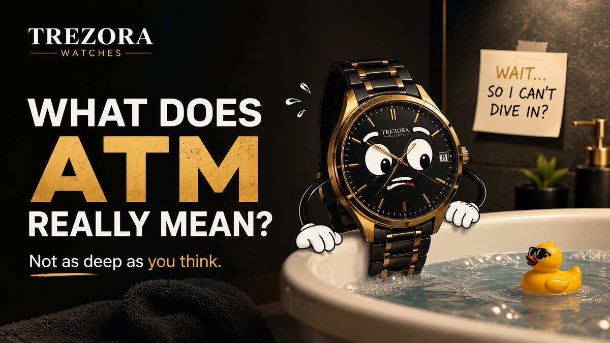 Trezora Watches article feature image explaining ATM water resistance with a humorous watch and bathtub scene