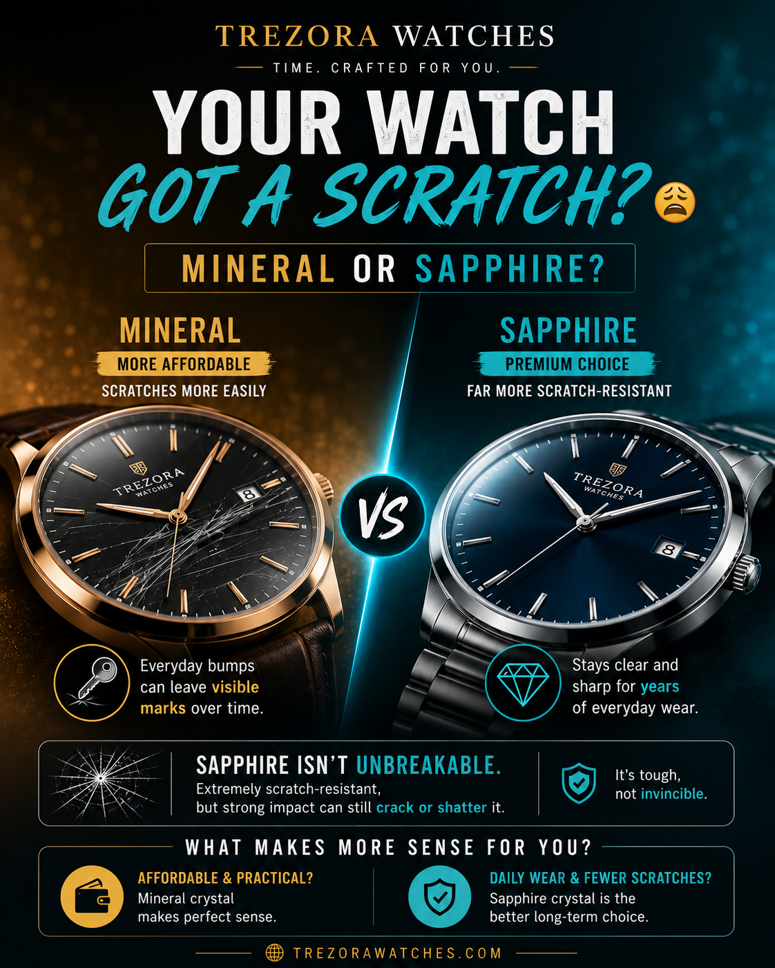 Trezora Watches guide comparing mineral and sapphire watch crystal for everyday wear