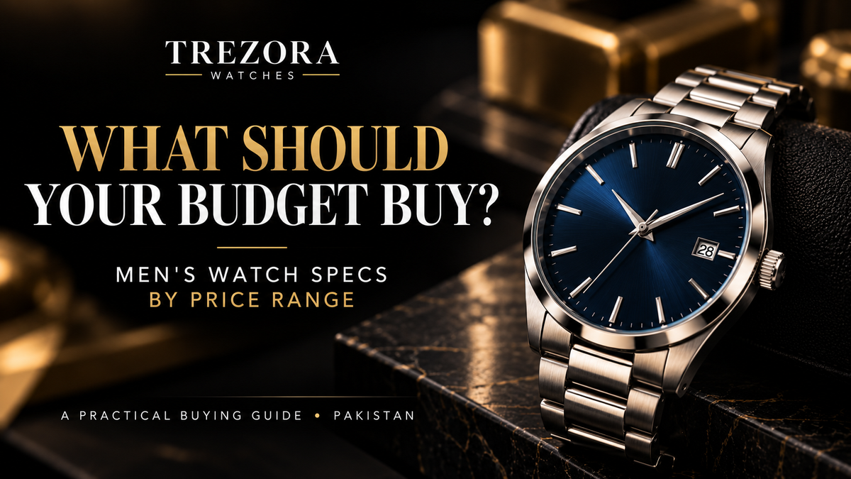 Trezora Watches editorial guide showing a stainless-steel watch with a blue dial beside the headline what should your budget buy, men's watch specifications by price range in Pakistan