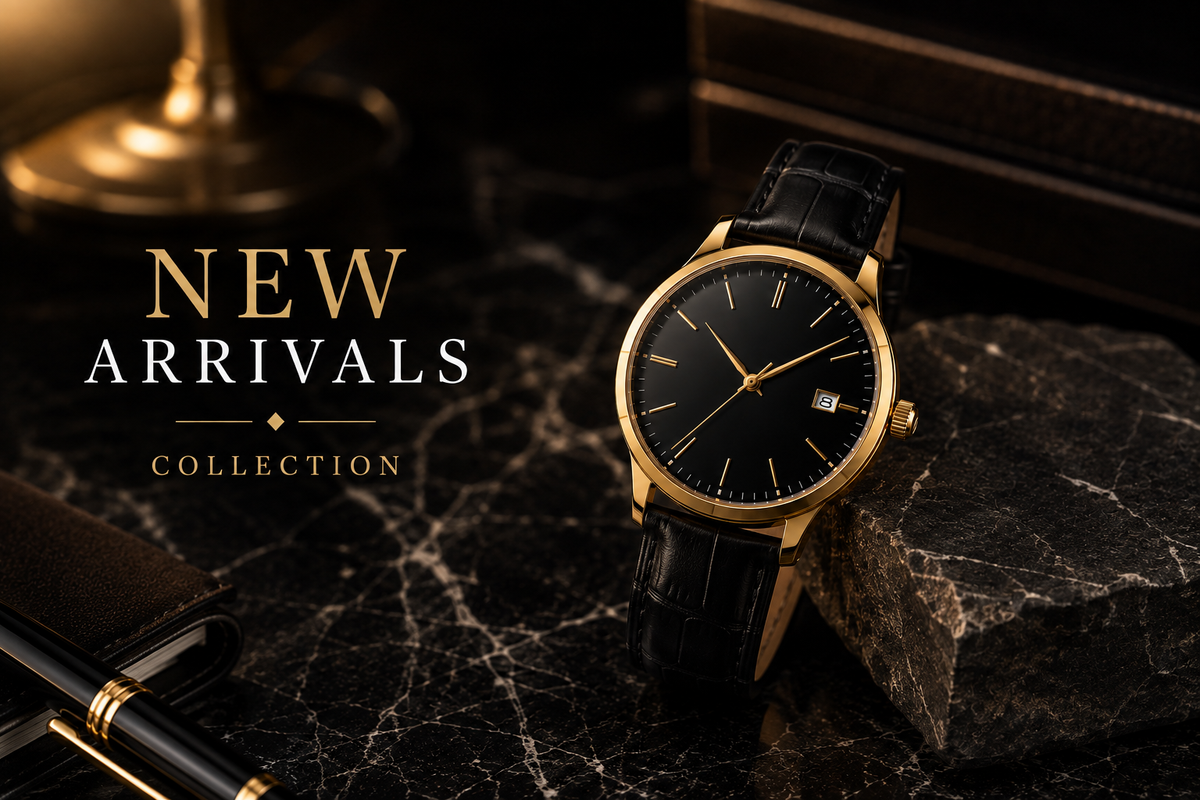 Trezora New Arrivals men's black dial watch with gold-tone bezel and two-tone stainless steel bracelet