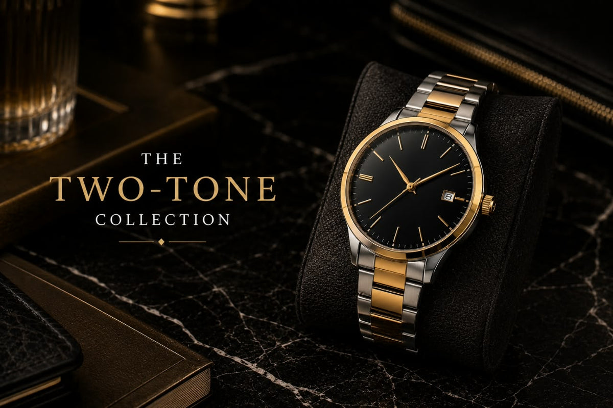 Trezora Watches Two-Tone Collection featuring men's watches with gold, silver, black, green, and blue designs.