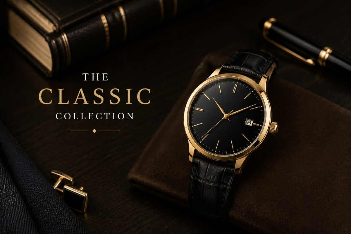 Trezora Watches Classic Collection featuring men's watches with timeless silver, black, and blue dial designs.
