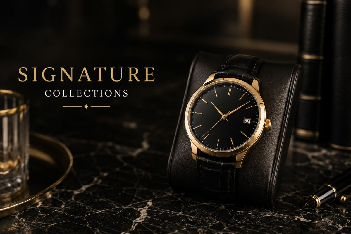 Trezora Watches Signature Collection featuring men's watches with distinctive black, blue, green, gold, and silver dial designs.
