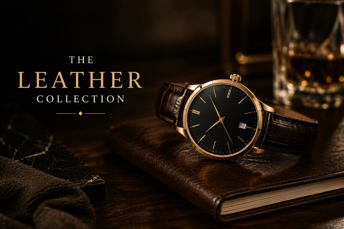 Trezora Watches Leather Collection featuring men's watches with classic brown and black leather straps.