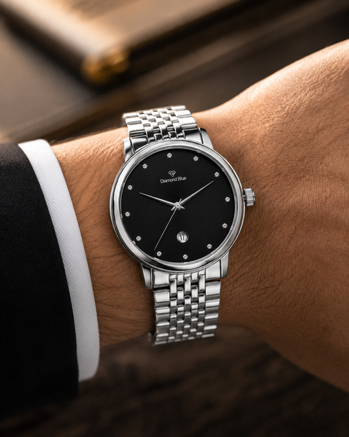 Diamond Blue Silver Black Minimalist Men's Watch – additional product detail view 2 | Trezora Watches