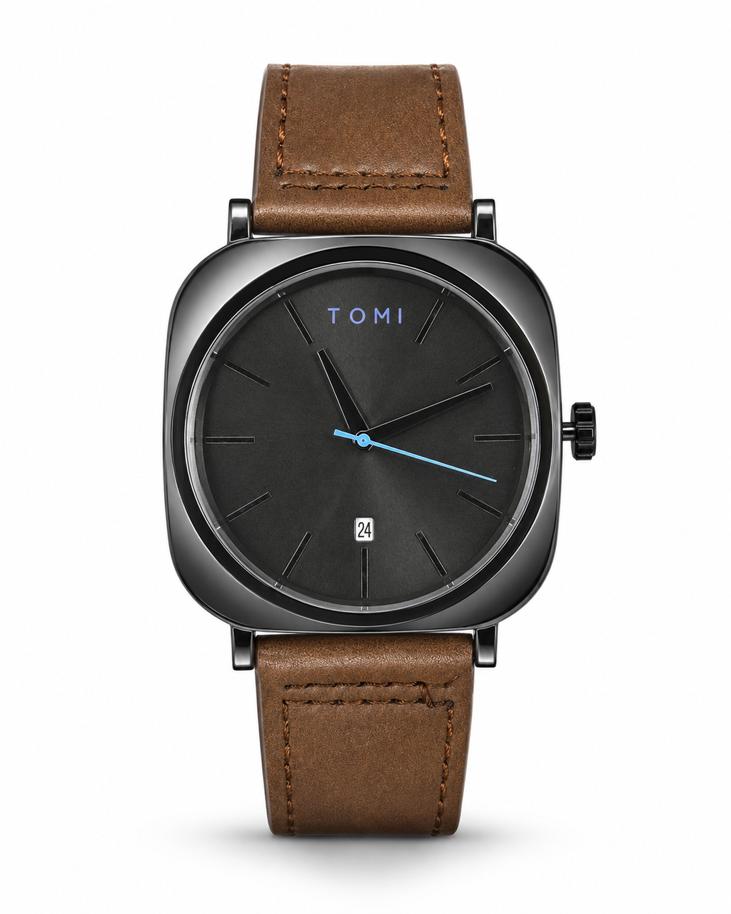 TOMI Black Square Case Brown Leather Strap Men's Watch – front product view | Trezora Watches