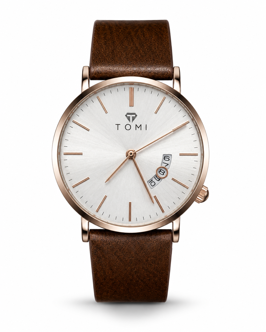 TOMI White Dial Brown Leather Strap Men's Watch – front product view | Trezora Watches