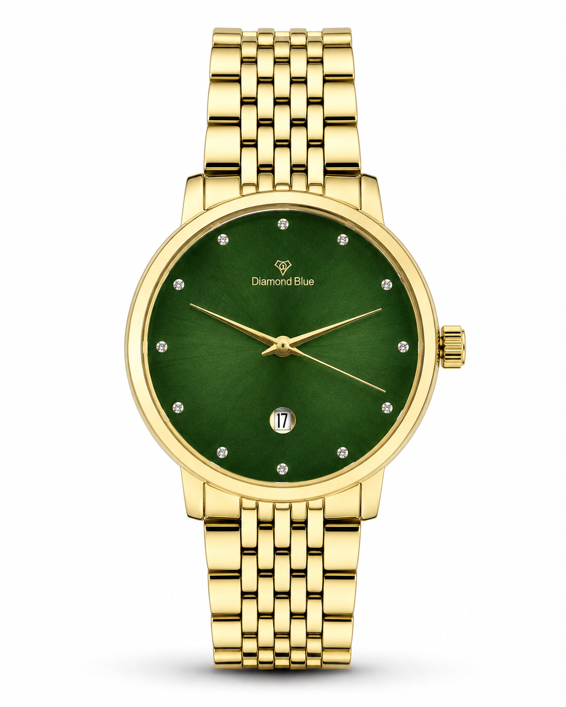 Diamond Blue Gold Green Dial Men's Watch – front product view | Trezora Watches