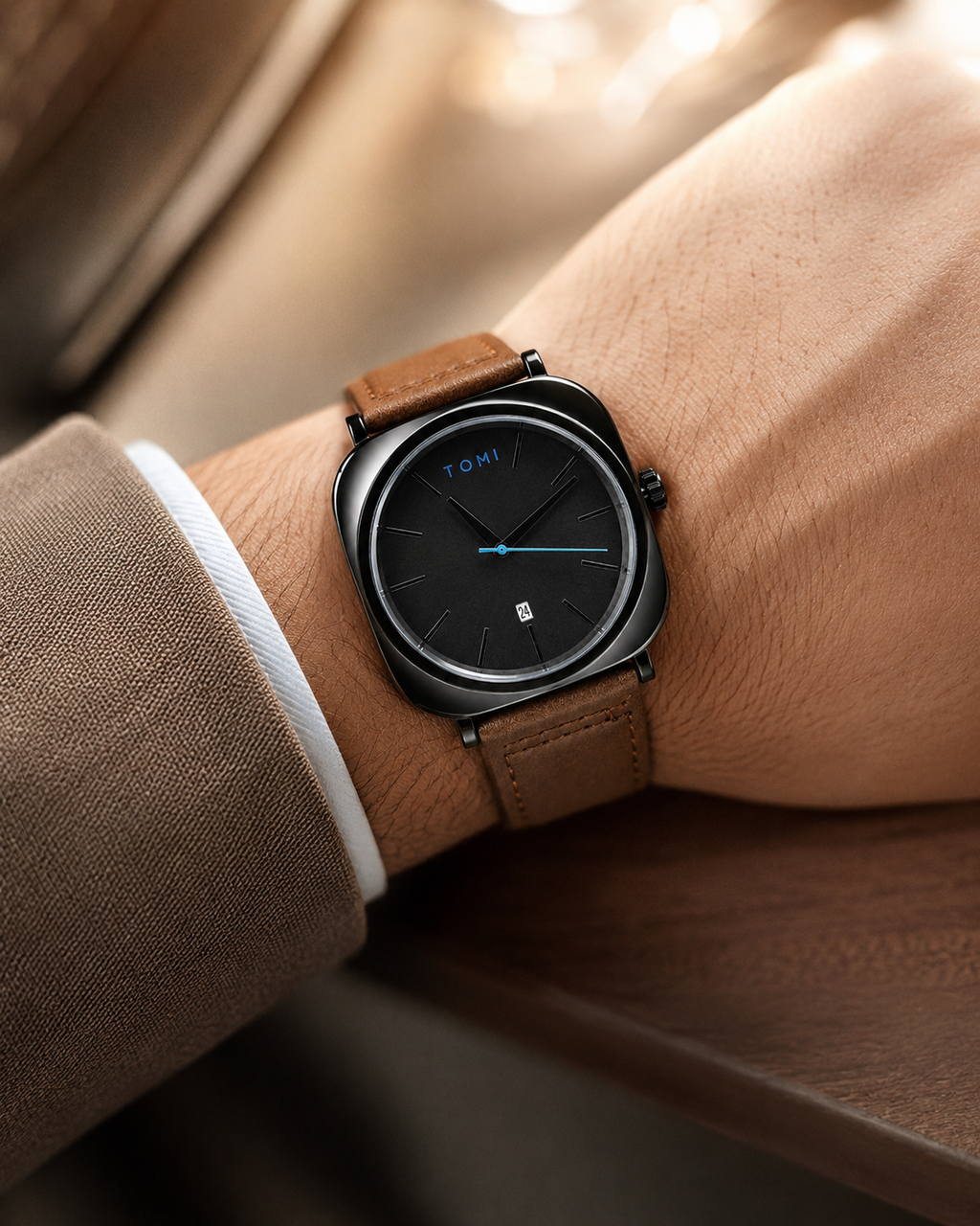 TOMI Black Square Case Brown Leather Strap Men's Watch – additional product detail view 2 | Trezora Watches