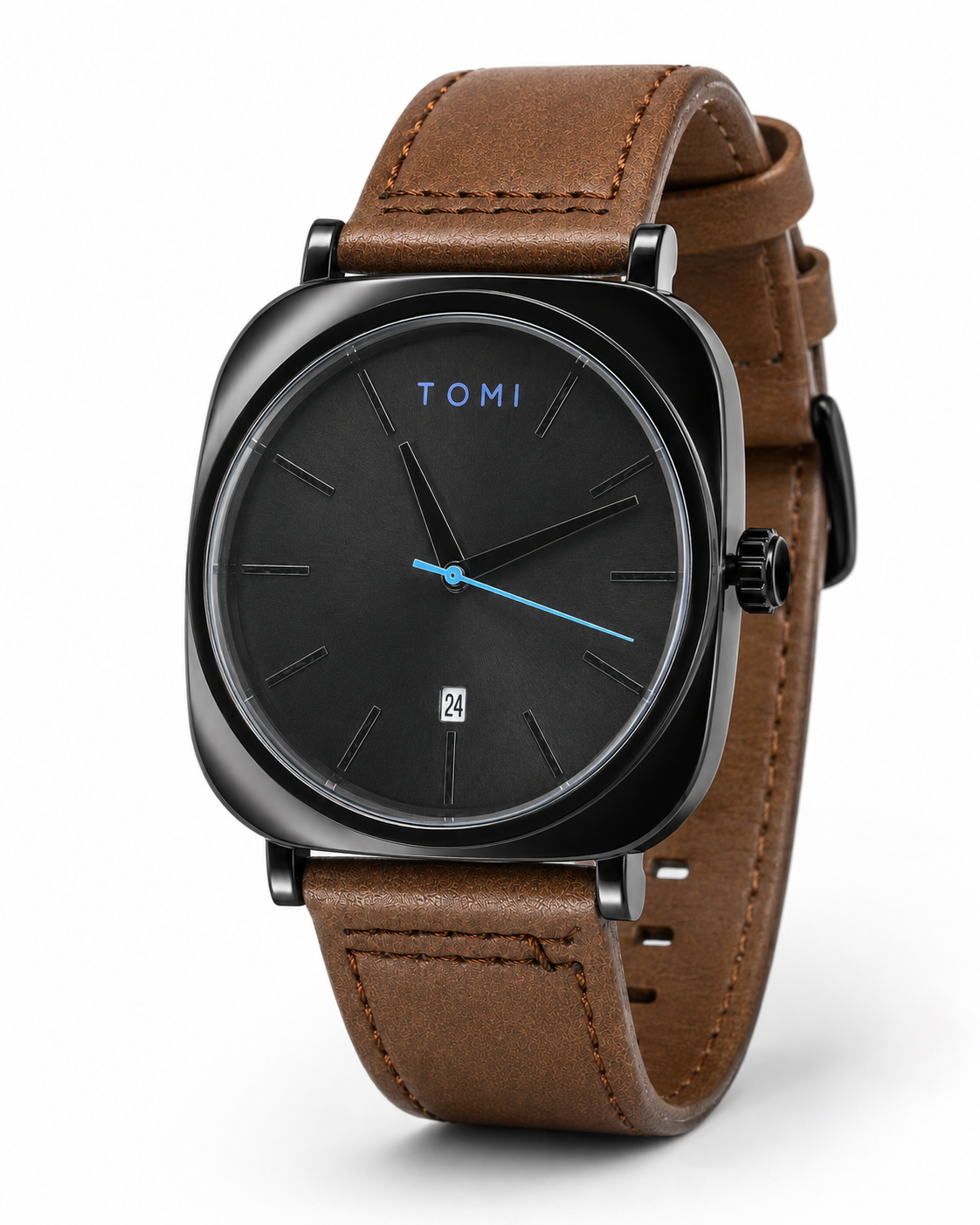 TOMI Black Square Case Brown Leather Strap Men's Watch – additional product detail view 4 | Trezora Watches