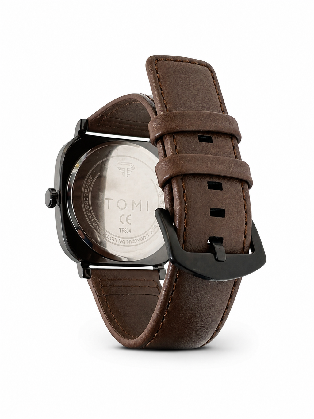 TOMI Black Square Case Brown Leather Strap Men's Watch – additional product detail view 5 | Trezora Watches