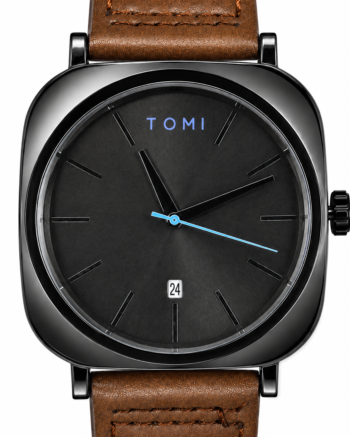TOMI Black Square Case Brown Leather Strap Men's Watch – additional product detail view 3 | Trezora Watches