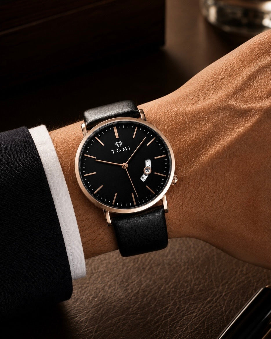 TOMI Black Dial Black Leather Strap Men's Watch – additional product detail view 2 | Trezora Watches