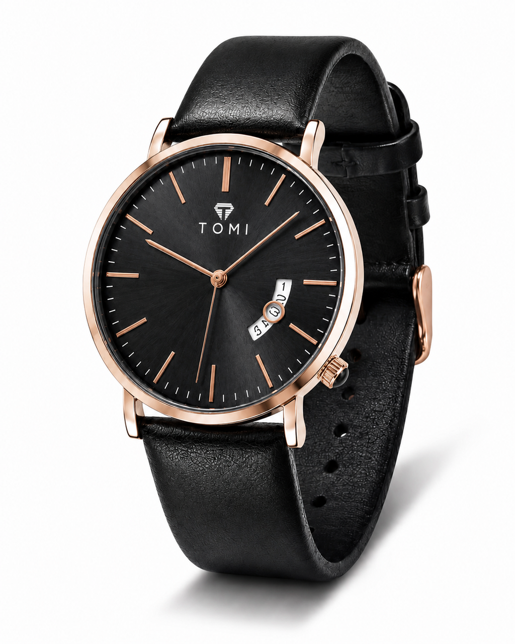 TOMI Black Dial Black Leather Strap Men's Watch – additional product detail view 4 | Trezora Watches