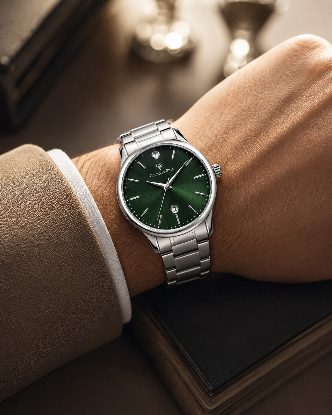 Diamond Blue Silver Green Dial Men's Watch – additional product detail view 2 | Trezora Watches