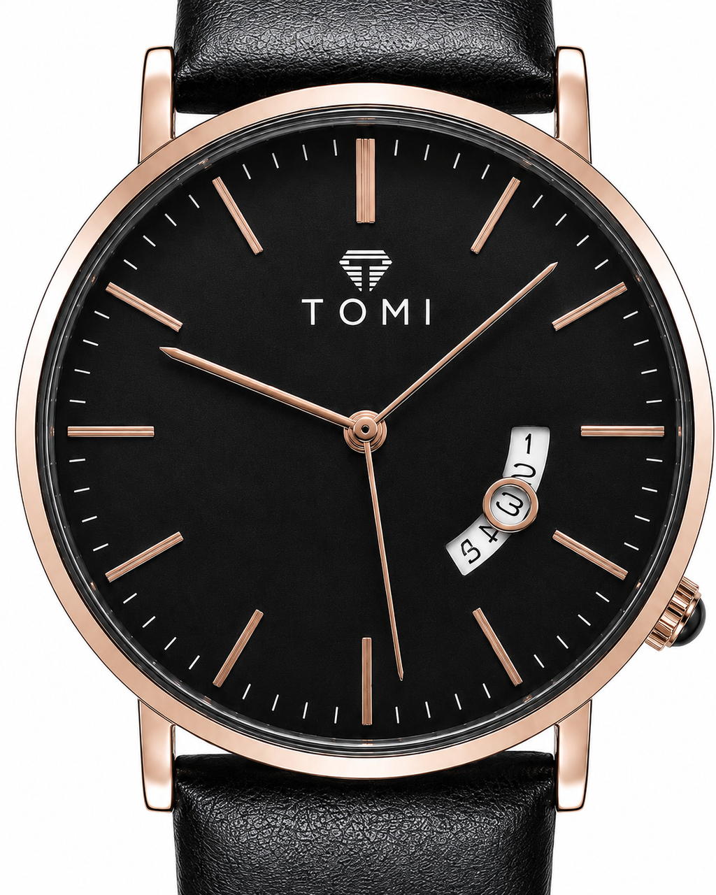 TOMI Black Dial Black Leather Strap Men's Watch – additional product detail view 3 | Trezora Watches