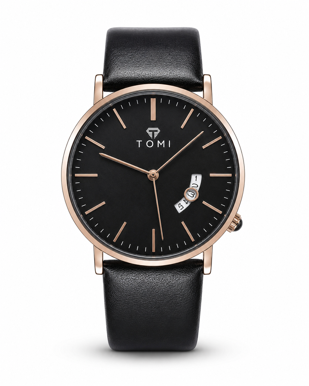 TOMI Black Dial Black Leather Strap Men's Watch – front product view | Trezora Watches