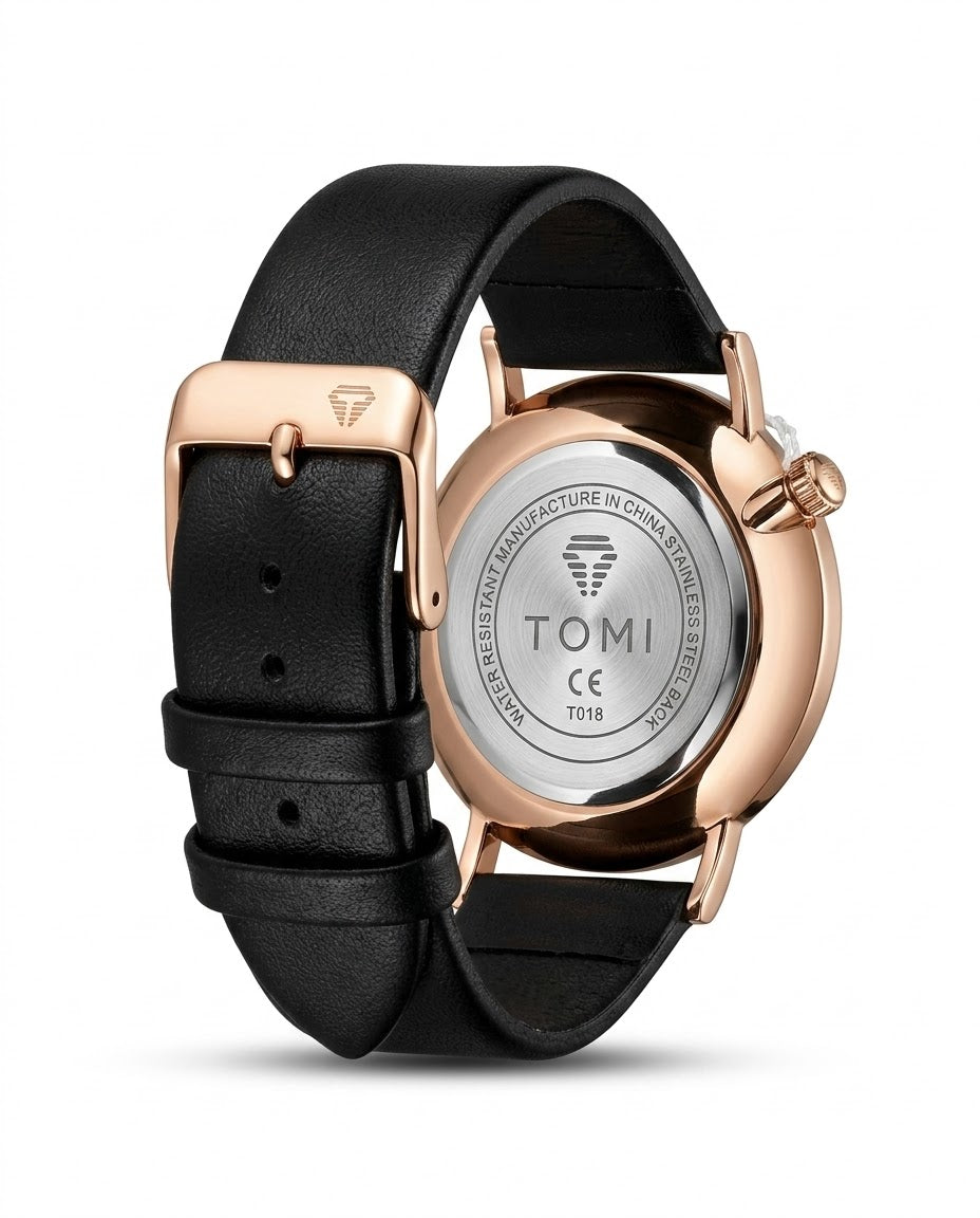 TOMI Black Dial Black Leather Strap Men's Watch – additional product detail view 5 | Trezora Watches