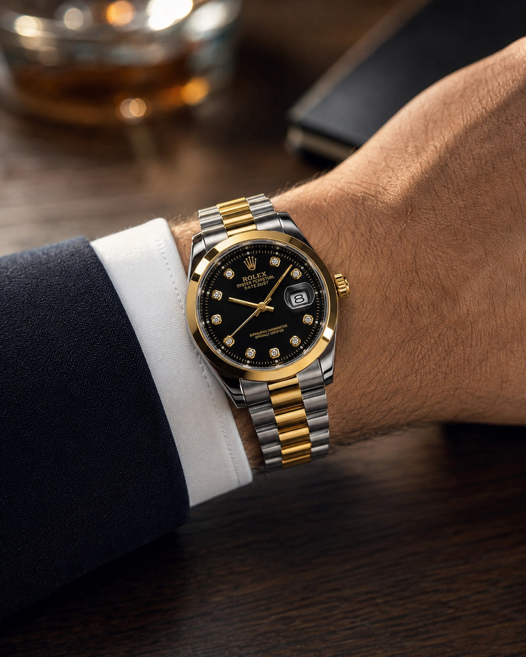 Two-tone black dial automatic men's watch on wrist