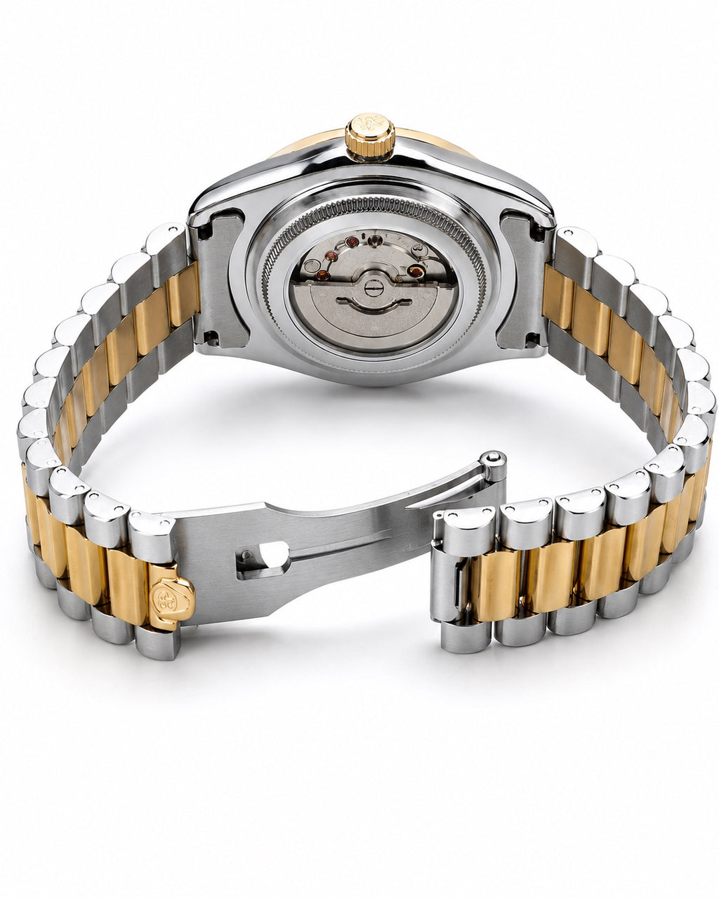 Two-tone gold dial automatic men's watch caseback and bracelet