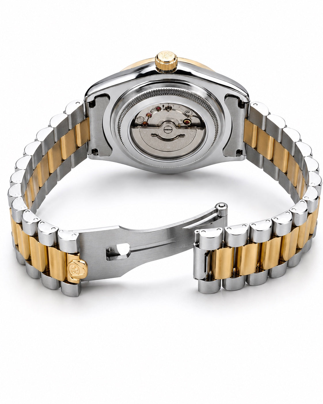 Two-tone gold dial automatic men's watch caseback and bracelet