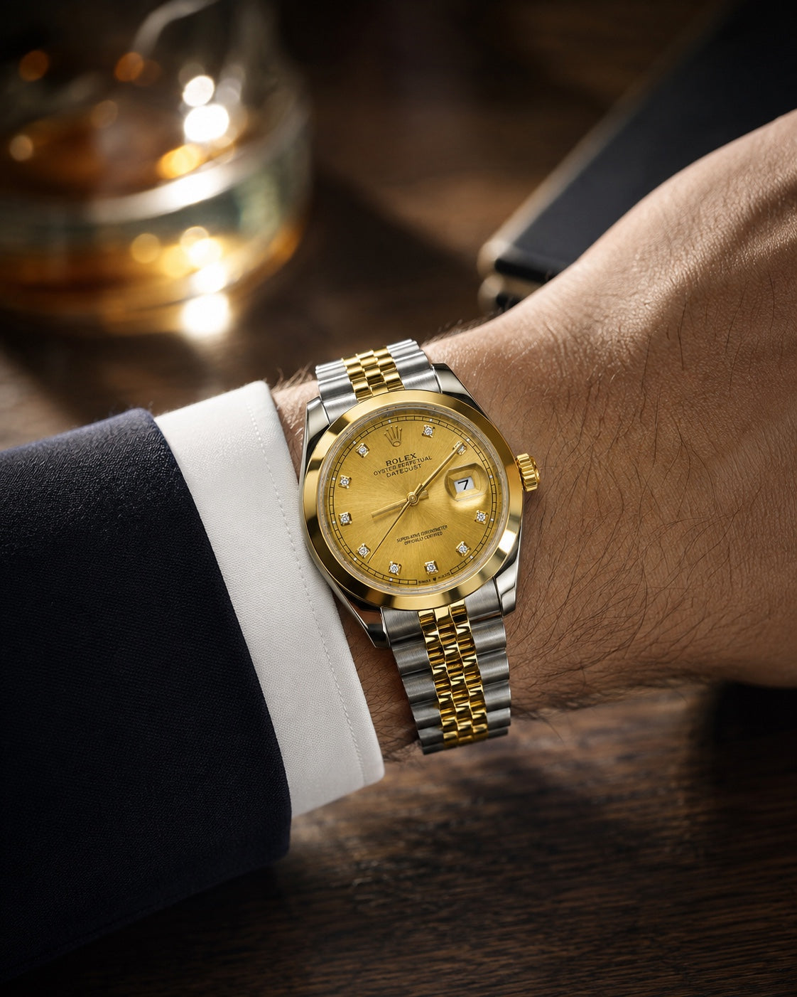 Two-tone gold dial automatic men's watch on wrist